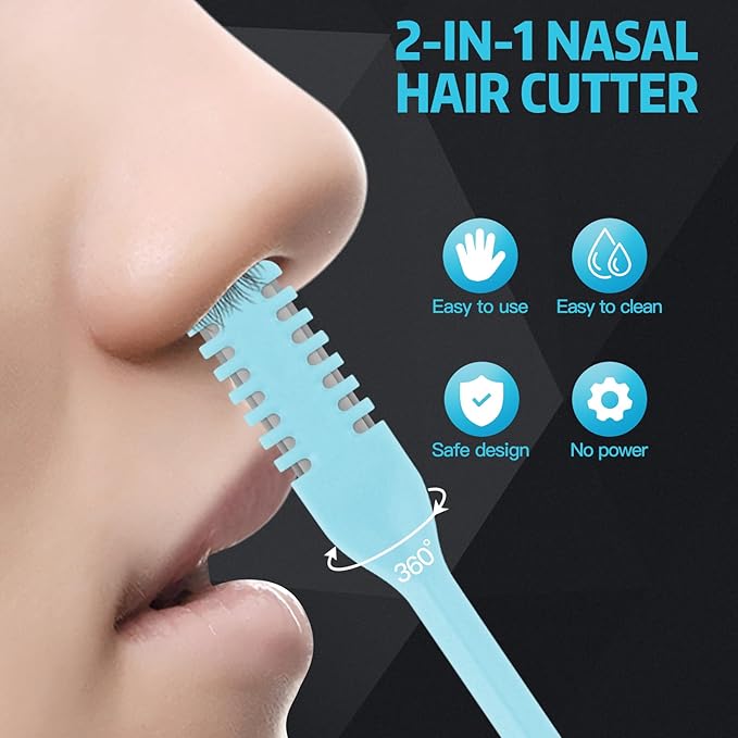 4Pcs 2-in-1 Nasal Hair Cutter, Double Sided Nose Hair Trimmer, 360° Nostril Hair Remover Tool, Manual Nose Knife with Soft Cleaning Brush for Men Women(Blue)