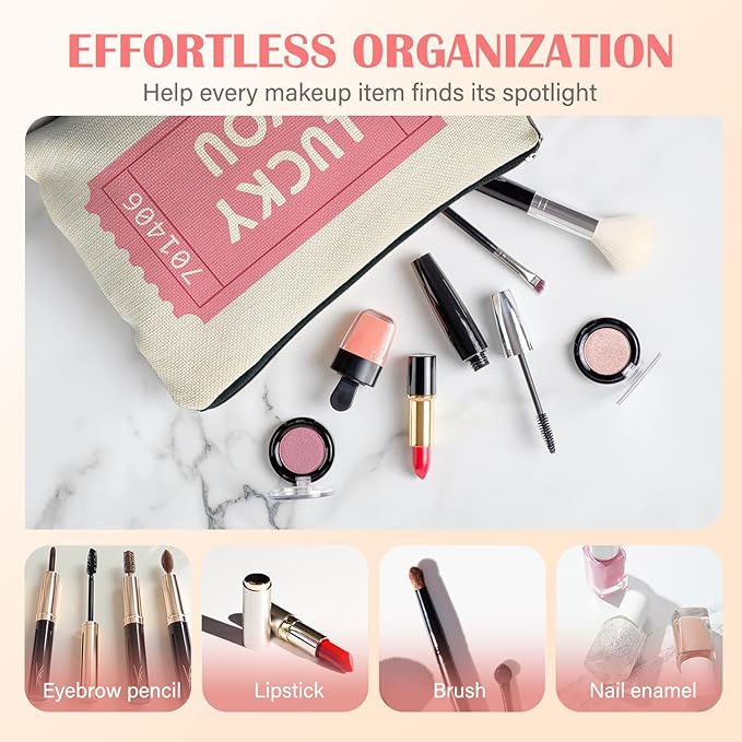 Preppy Girly Pink Makeup Bag for Women, Pink Lucky You Tickets Cosmetic Bag for Purse, Trendy Retro Makeup Zipper Pouch