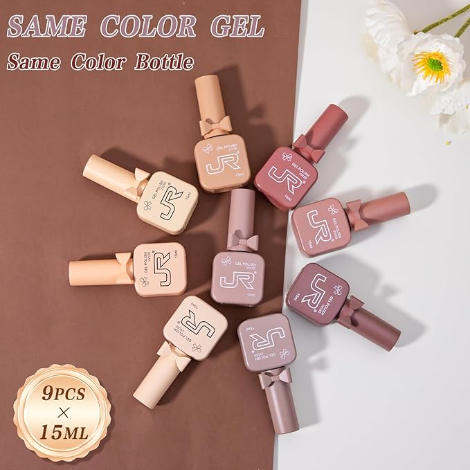 JR 9pcs 15ml Autumn Gel Nail Polish Set Brown Nude Fall Gel Polish Kit UV LED Soak Off Polish Home DIY Brown Gel Polish Set 15ml