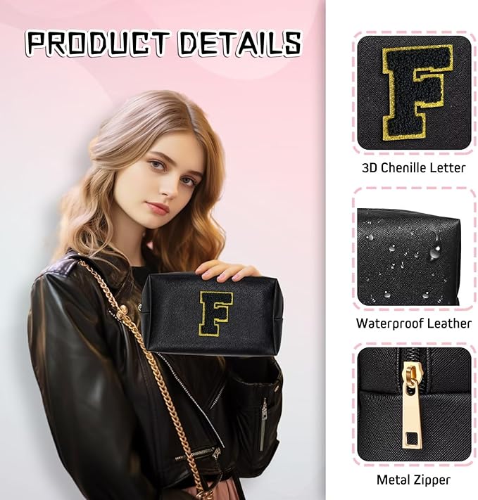 TOPEAST Initial Cosmetic Bag, PU Leather Waterproof Travel Toiletry Bag, Monogrammed Gifts for Women, Personalized Birthday Gift for Sister Friends, Cute Stuff for Girls (Black K)
