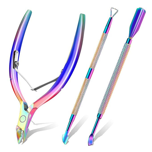 Cuticle Trimmer with Cuticle Pusher and Scissors, Cuticle Remover Professional Durable Pedicure Manicure Tools, Stainless Steel Cuticle Nipper Cutter Clipper for Fingernails and Toenails (Colored)