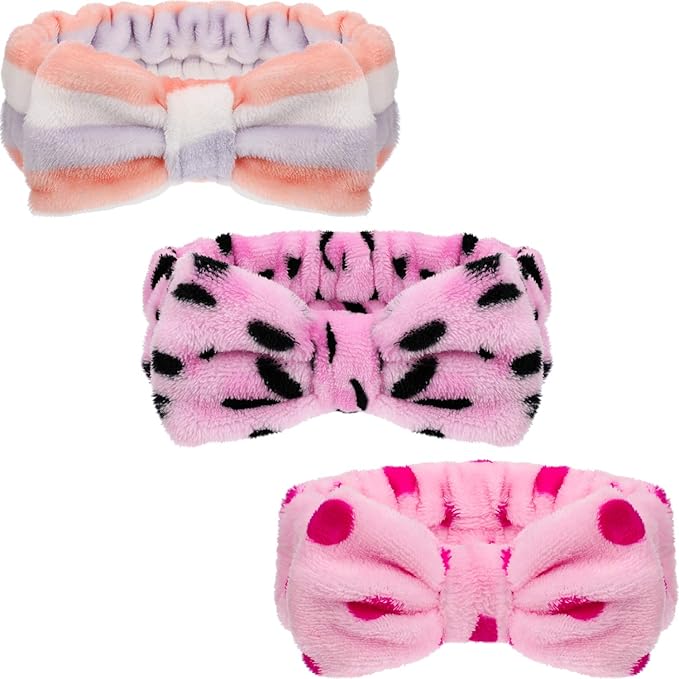 3 Pcs Towel Headbands for Women Headband for Washing Face Facial Hair Band Skincare Microfiber Bowtie Headband Makeup Terry Cloth Headbands Spa Shower Hair Band for Women Girls (Chic Patterns)