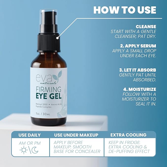 Eva Naturals Eye Gel for Dark Circles, Bags & Puffiness – Anti-Aging Serum with Peptides, Hyaluronic Acid & Botanicals – Firming Under Eye Treatment for Wrinkles, Fine Lines & Tired Skin – 1 oz