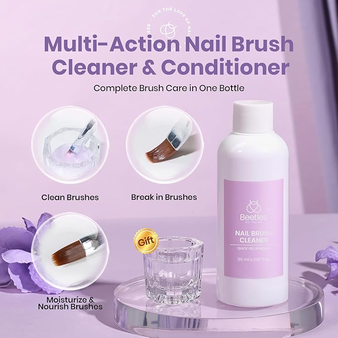 Beetles Nail Art Brushes Cleaner and Conditioner 85ml/2.87 Fl.Oz Nail Brush Restorer Quick Clean Break in Manicure Brush of Gel Polish, Nails Extension Gel, Dip Powder, Acrylic Builder DIY and Salon