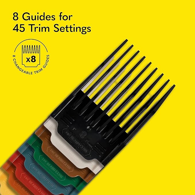 The Beard Club Beard Trimmer for Men - Electric Cordless Rechargeable Beard & Hair Trimmer - High Power 7000 RPM - 8 Color Guides 45 Unique Trim Lengths - Travel Lock