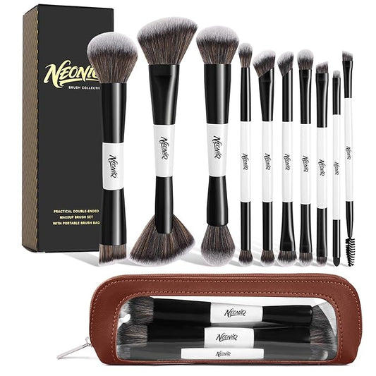 10 PCS Foundation Contour Conceal Brush Set With Bag, Makeup Brushes, Double-End Multi-functional Brushes for Foundation Powder Blush Eyeliner Eyeshadows, Professional Face Brush Set（White）