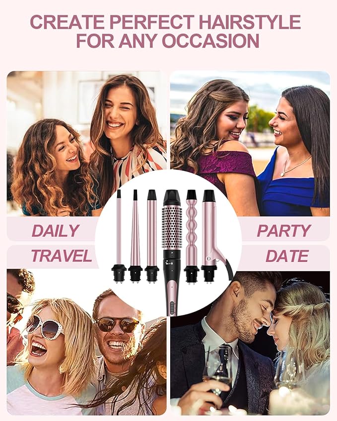 6 in 1 Curling Iron, Curling Wand Set with Thermal Brush (1.5inch) & 1inch Bubble Wand Curler and 3 Interchangeable Ceramic Barrel (0.35"-1.25"), Instant Heat Up with Comb & Protective Glove & 2 Clip