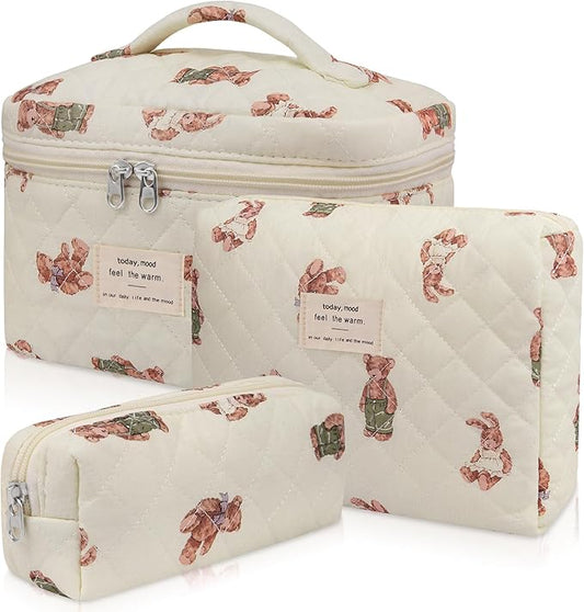 3pc Makeup Bag Set, Quilted Makeup Bag Set, Large Floral Cosmetic Bag for Women, Cute Cotton Makeup Bags, Flower Travel Toiletry Organizer Bag (White Bear)