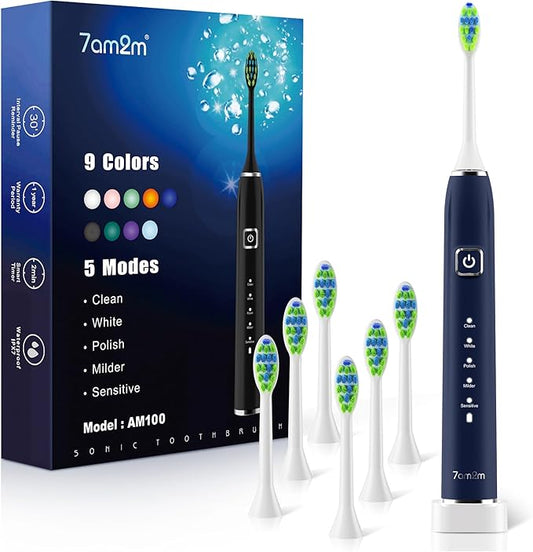 7AM2M Sonic Electric Toothbrush with 6 Brush Heads for Adults&Kids, One Charge for 120 Days, Wireless Fast Charge, 5 Modes, 40000VPM Powered Toothbrush, 2 Minutes Built in Smart Timer (Navy Blue)