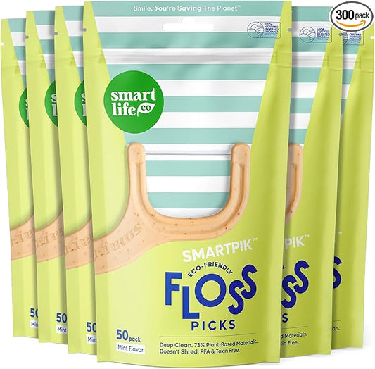 SmartLifeco Eco-Friendly Dental Floss Picks (300ct) - The Original Straw Wheat Flossers, Superior Anti-Shred Thread for Tight Gaps, Zero Waste Tooth Pick for Adults, Soft on Gum & Teeth, Vegan, Mint