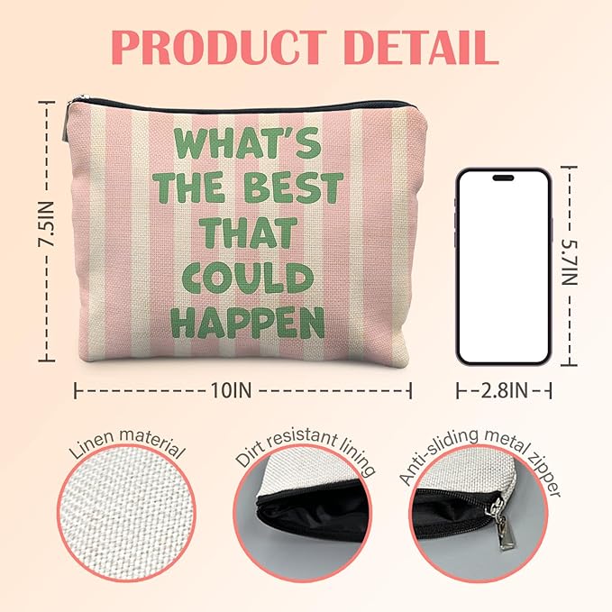 Inspirational Gifts Makeup Bag for Women, Motivational Gifts for Women Coworkers, Retro Green and Pink Cosmetic Bag for Purse, What's The Best That Could Happen Makeup Zipper Pouch