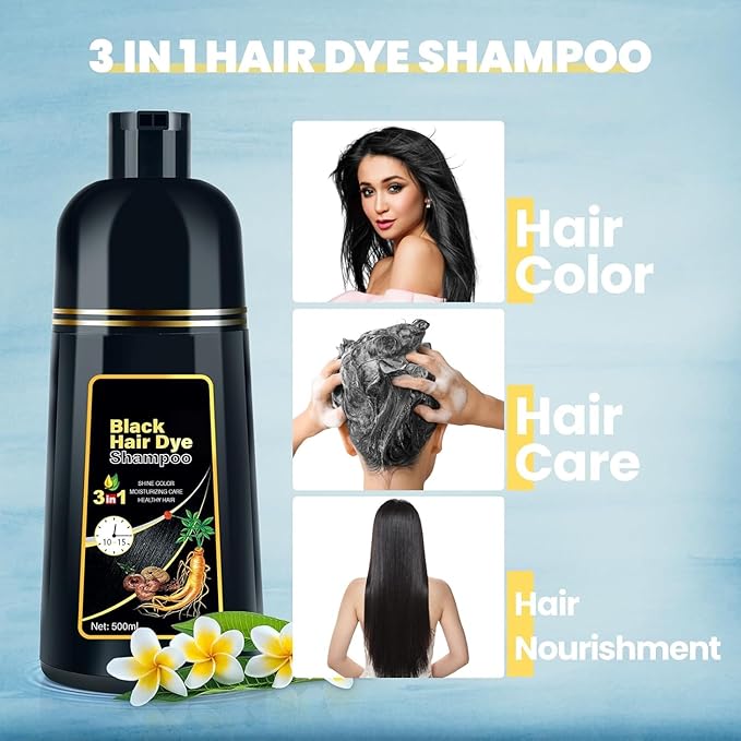 JUANCHI Gray Hair Coverage Shampoo - 3 in 1 Herbal Formula for Women and Men, 500ml (Black)