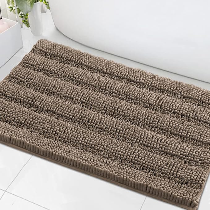 H.VERSAILTEX Bath Mats for Bathroom Non Slip Extra Thick Chenille Striped Bath Rug 24" x 36" Absorbent Non Skid Fluffy Soft Shaggy Rugs Washable Plush Mats for Indoor, Bath Room, Tub - Taupe Brown