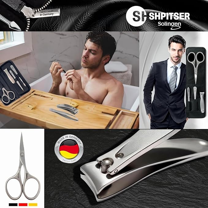 Shpitser Nail Kit, Manicure and Pedicure Women Set of 5 tools: Scissors, Clipper, Tweezers, Nail Cleaner, Nail File, Made in Solingen, Germany, Sturdy Stainless Steel, In Italian Leather Case