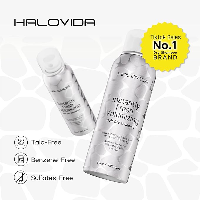 HALOVIDA Dry Shampoo for Women, Travel Size Dry Shampoo Spray for Dark Hair Leaves No White Residue, Absorb Oils, Volumizing & Refresh Hair for 72 Hours, 2.03 Fl Oz