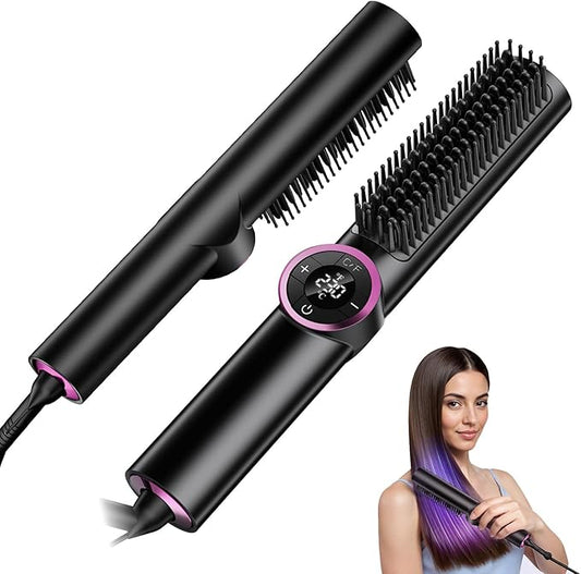 Hair Straightener Brush: 3-in-1 Curling & Straightening Comb with Dual Voltage, Hot Comb with Ionic Coating, Black