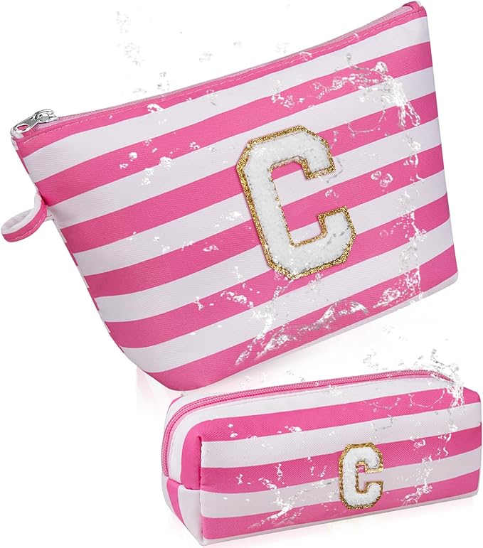 Initial Makeup Bag Personalized Stripe Cosmetic Bag Cute Waterproof Travel Toiletry Bag Birthday Gifts for 10 11 12 13 14 15 16 Years Old Teen Girl Gift Trendy Stuff (Pink C)