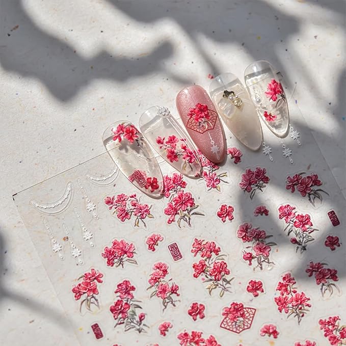 Spring Summer Nail Art Stickers 5D Self Adhesive Nail Decals Red Flower Nail Stickers for Nail Art Embossed Nails Design Floral Nails Supplies for DIY Manicure Decoration for Women Girls