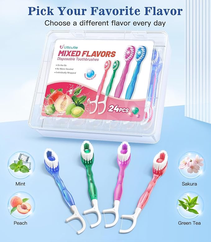 24 Pack 5-in-1 Disposable Toothbrushes with Toothpaste, Floss, Pick & Tongue Scraper, Portable Mini Toothbrush Travel Set for Kids Adults, Individually Wrapped, Work Camping, Mixed Flavor
