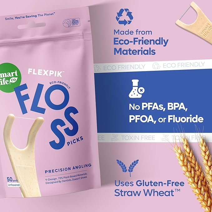 SmartLifeco Eco-Friendly Angled Dental Floss Picks (200ct) - Flossers Made with Straw Wheat Blend, Anti-Shred Thread for Molars & Back Teeth, Tooth Pick Stick for Adults, Soft on Gums, Unflavored