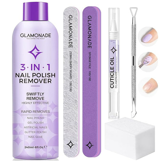 Acetone Nail Polish Remover Kit: Soak off Gel Polish Remover Includes Nail Cuticle Oil, Nail File, Cuticle Peeler, Nail Buffer Block & 50 PCS Cotton Pads(8 Fl.Oz.)