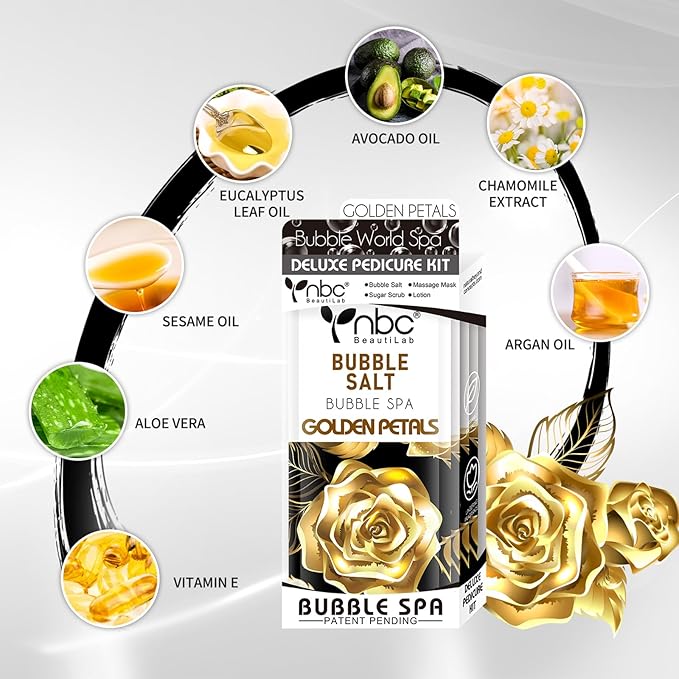 Pedicure Kit Foot Soak Set: Bubble Salt, Sugar Scrub, Massage Mask, Massage Lotion in a Box, 4 Step Foot Spa Kit for Dry Feet,Tired Feet（3 Set Golden petals)