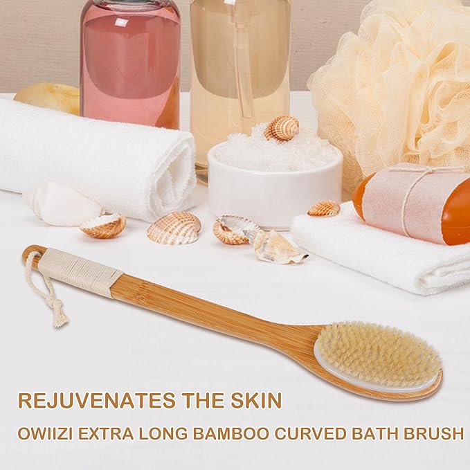 OWIIZI Bath Brush Bamboo Curved Long Handle Antiskid Body Brush for Exfoliating, Natural Bristles Shower Scrubber for Back Use Wet or Dry,Back Scrub Deep Cleanse-17.9inches