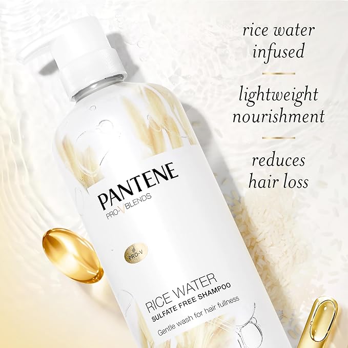 Pantene Sulfate Free Shampoo with Rice Water, Protects Natural Hair Growth, Volumizing, for Women, Nutrient Infused with Vitamin B5, Safe for Color Treated Hair, Pro-V Blends, 30.0 oz