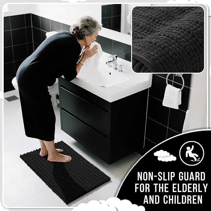 Yimobra Bathroom Runner Rug 60x24 Inch - Extra Long Non Slip Chenille Bath Mat, Soft & Absorbent, Machine Washable Shaggy Hallway Carpet for Vanity Tub Shower, Black Home Decor Accessories