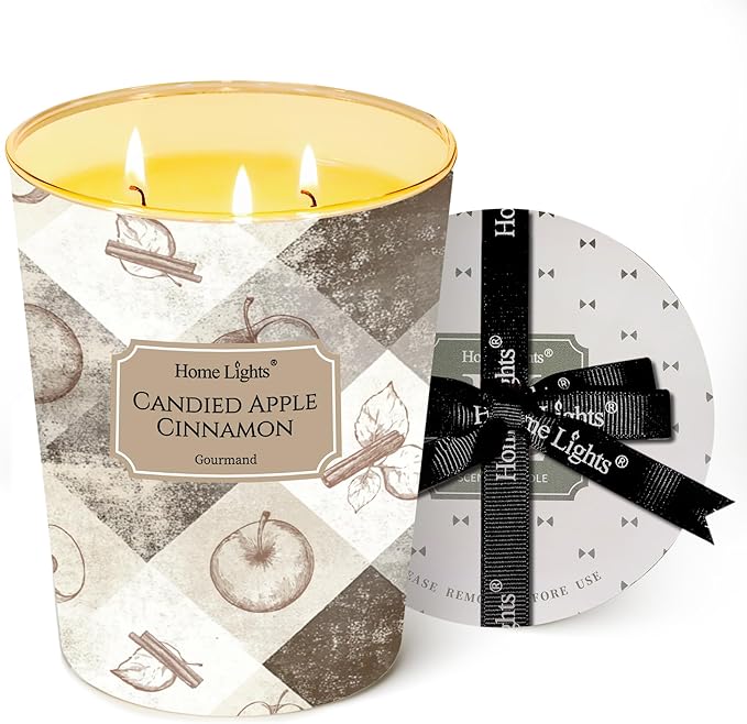 HomeLights 3-Wick Candles for Home Scented - 34oz Soy Wax Blend Candle Long-Lasting Fragrance, Rustic Modern Home Decor and Housewarming Gifts, Candied Apple Cinnamon