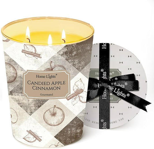 HomeLights 3-Wick Candles for Home Scented - 34oz Soy Wax Blend Candle Long-Lasting Fragrance, Rustic Modern Home Decor and Housewarming Gifts, Candied Apple Cinnamon