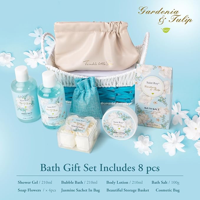 Christmas Gifts for Women, Spa Gift Baskets for Ladies 8pcs Gardenia Tulip Bath Gift Sets with Body Lotion, Spa Gifts for Mother Luxury Spa Gift Basket for Women, Relaxing Spa Birthday Gifts