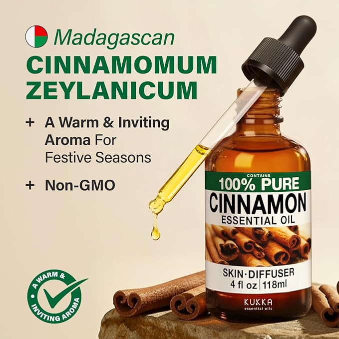 KUKKA Cinnamon Essential Oils - 4 Fl Oz - for Hair, Skin, Diffuser, Aromatherapy & DIY Soap Making Scent