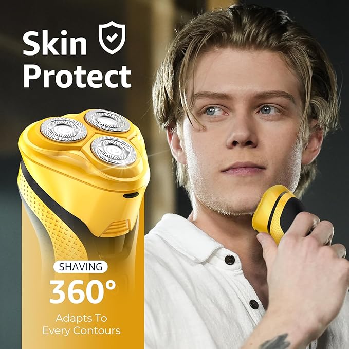 Rechargeable Electric Razor for Men: 3-in-1 Shaver for Beard/Nose/Sideburns - IPX7 Waterproof Travel Kit - Turbo Speed & Precision Blades,Cyber Yellow