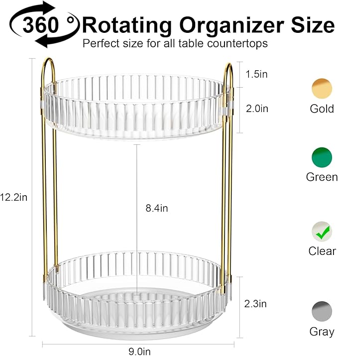 GTI 360°Rotating Makeup Organizer, 2 Tier Bathroom Counter Organizer,Large Capacity Perfume Cosmetics Skincare Vanity Organizers, Dresser Spinning Countertop Organizer and Storage for Women (Clear)