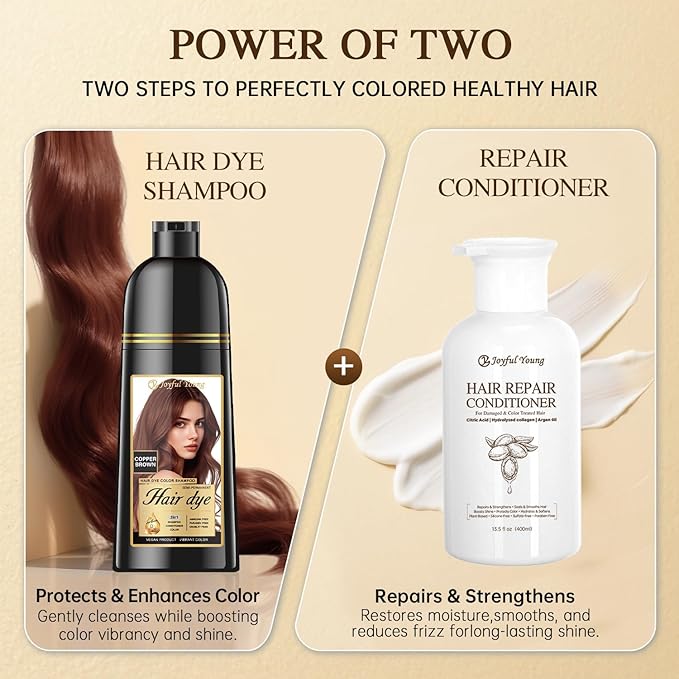Hair Dye Shampoo 3-in-1 Vegan Color for Gray Hair - Ammonia-Free for Men & Women – Beard & Hair Coloring – Instant Gray Coverage Champú Para Canas Mujer & Hombre (COPPER BROWN)