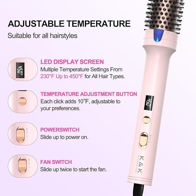 K&K 1.5 inch Blowout Look -Thermal Brush Creates Root Volume & Loose Curls Volume Curls Dual Voltage Cool-AIR TECH Hair Styling Tool