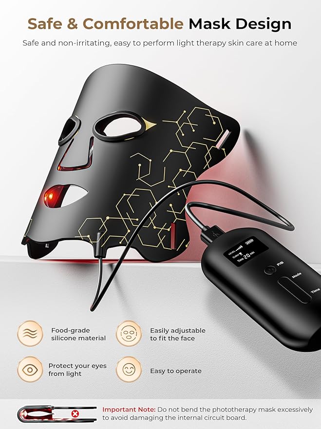 LED Light Therapy mask (E106A) for Face, LED Light Therapy Mask with Adjustable Brightness and Timer, Soft Silicone Red Light Therapy Mask for Home & Travel