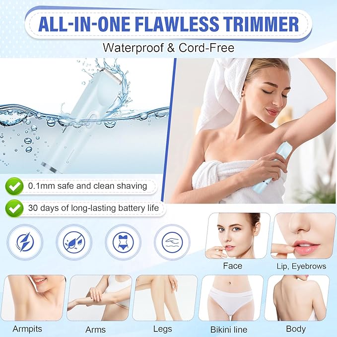 Women's Bikini Trimmer, 2-in-1 Electric Shaver for Bikini Line, Legs, Underarms, Face - Waterproof Women's Electric Shaver for Sensitive Skin, USB Rechargeable (Blue)