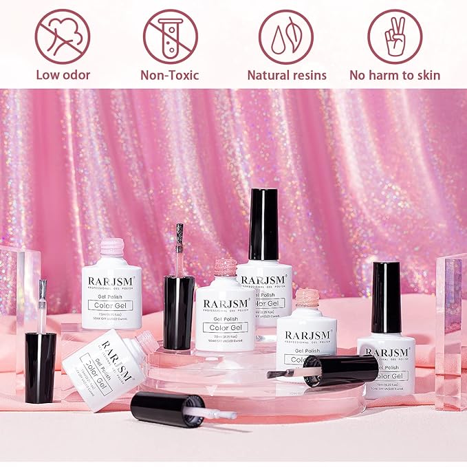 RARJSM Nude Glitter Gel Polish Set 6pcs Shimmery Jelly Nail Polish Iridescent Sparkly Pink Purple Apricot Beige Translucent Natural Skin Tone Color 7.5ml Soak off UV LED Cured
