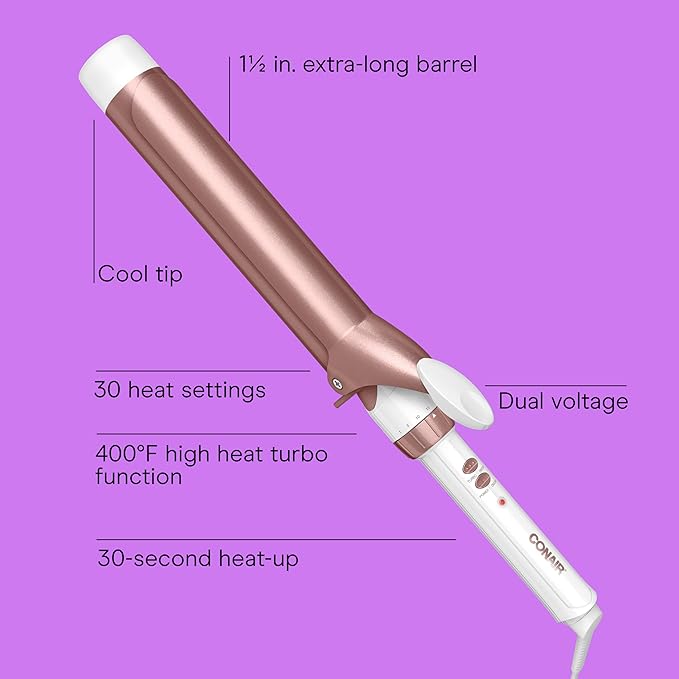 Conair Double Ceramic Curling Iron, 1 1/2" Extra-Long Barrel Hair Curling Iron, 30 Heat Settings, Turbo Heat, Auto Off, Cool Tip, Dual Voltage, Rose Gold