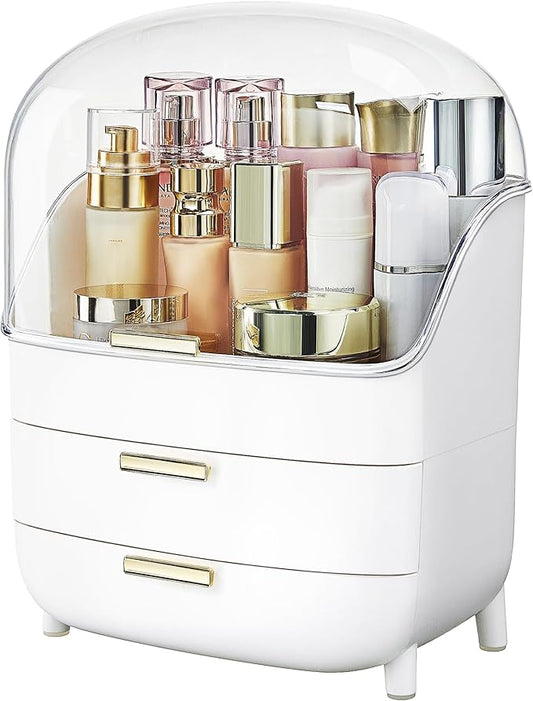 Vtopmart 3-Tier Skincare Makeup Organizer with Drawers and Lid for Vanity and Bathroom Countertop, Large Cosmetic Storage Box Case for Dresser, with Non-Slip Base