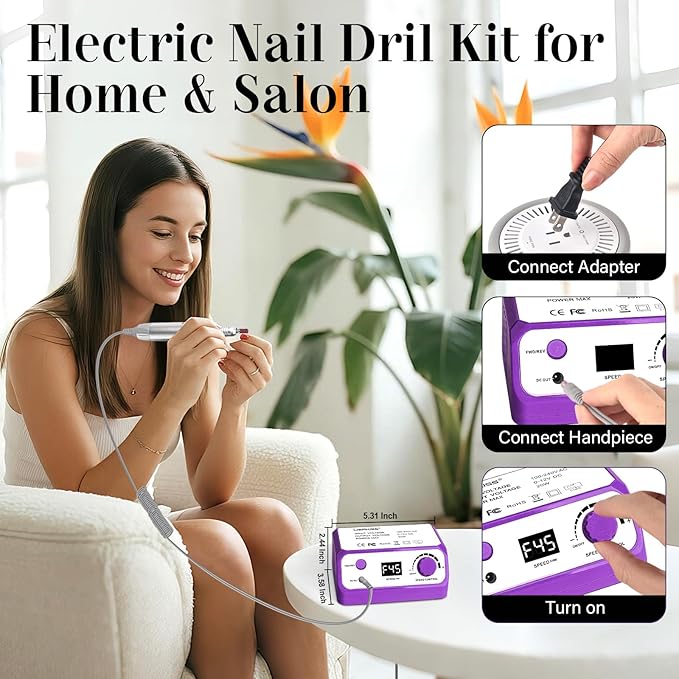Electric Nail File Nail Drill Professional 35000RPM Electric E Filer for Nails with Sanding Bands and Nail Drill Bits for Acrylic, Gel Nail Manicure & Pedicure, Purple
