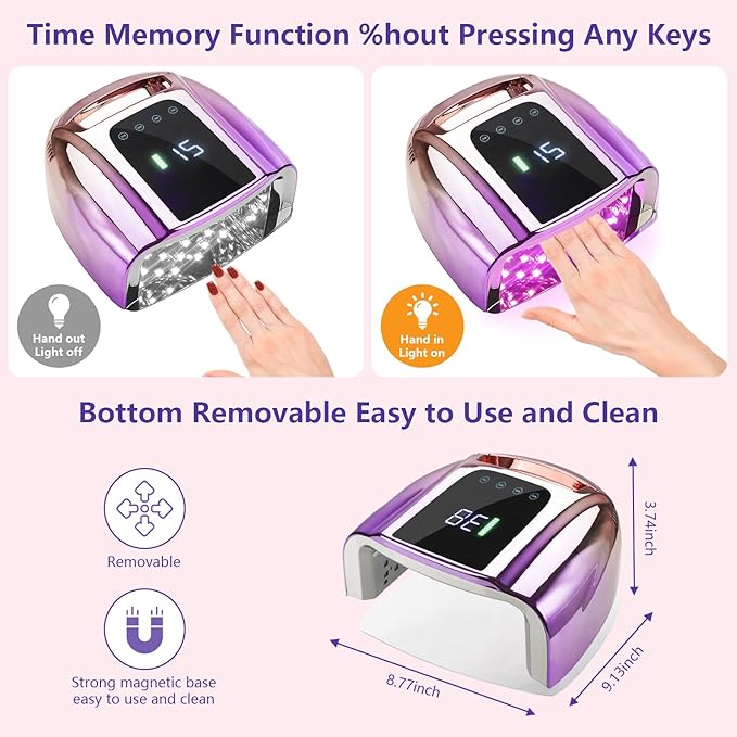 Professional Rechargeable UV LED 96W Portable UV Light for Nail Lamp Machine with Removable Stainless Steel Bottom,4 Timer Setting and Smart Sensor Nail Dryer (Purple)