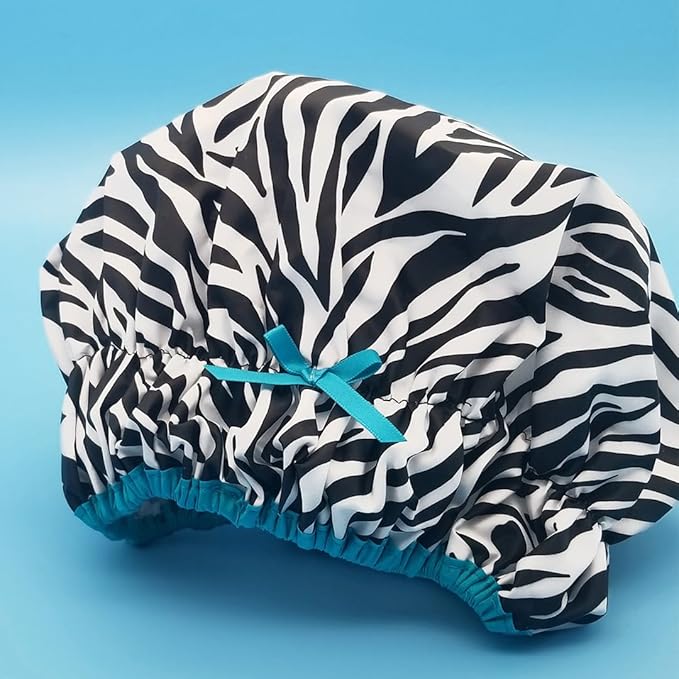 Reusable Shower & Bath Cap & Lined, Oversized Waterproof Shower Caps Large Designed for all Hair Lengths with PEVA Lining & Elastic Band Stretch Hem Hair Hat - Fashionista Sassy Stripes