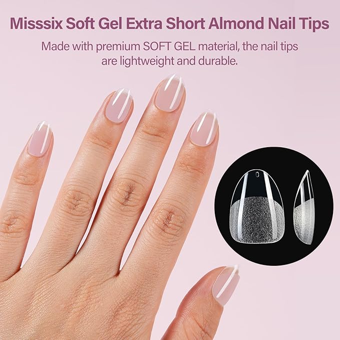 Misssix Extra Short Almond Gel Nail Tips Kit, 216Pcs Pre Etched Clear Fake Nails, Full Cover False Nail 9-in-1 Gel Glue and Portable Mini U V Nail Lamp for Women 12 Sizes
