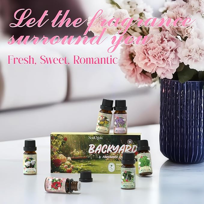 Backyard Fragrance Oils Set, Flower Essential Oil Gift Set for Diffuser, Floral Scent Diffuser Oil, Diffuser Scents Oil for Home-Gardenia, Rose, Lavender, Secret Garden, After Rain,Sunshine