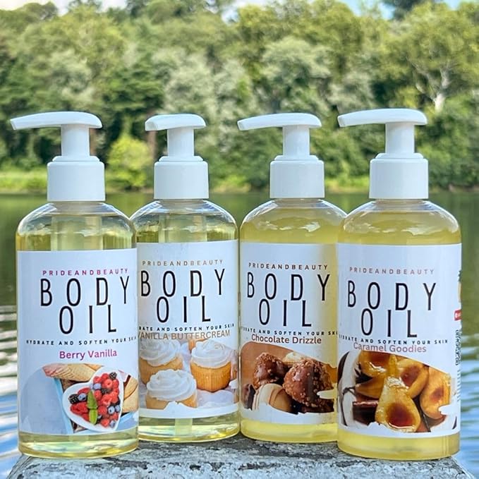 PrideandBeauty After Shower Oil. Skin Hydrating Oil. Body Oil Scented. Body Oils For Women Dry Skin. (Vanilla Buttercream) (8 OUNCES, Amber Vanilla Blossom)