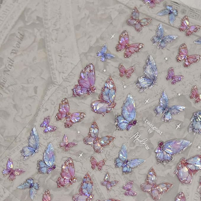 Butterfly Nail Art Stickers Decals Purple Pink Butterfly 5D Embossed Nail Decals Shell Light Butterflies Nail Designs Adhesive Sticker Manicure Accessories for Women Girls DIY Nail Art Decorations