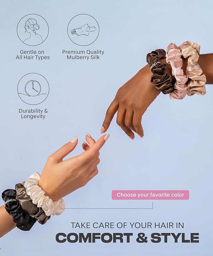 SUNDAYSILKS™ Luxurious Mulberry Silk Scrunchies for Women & Girls | No-Slip, Silky Hair Ties for Natural, Curly, Thin or Thick Hair | Gentle Hold for Ponytails & Sleep | Mini to Large Sizes [6 Pack]